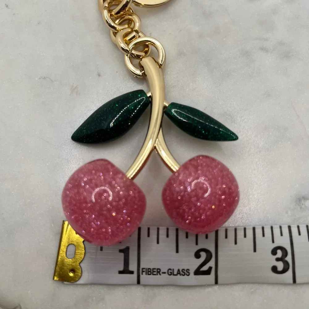 Cherry Bag Charm Keychain Pink Glitter Jumbo Resin Gold Tone Fruit New Accessory